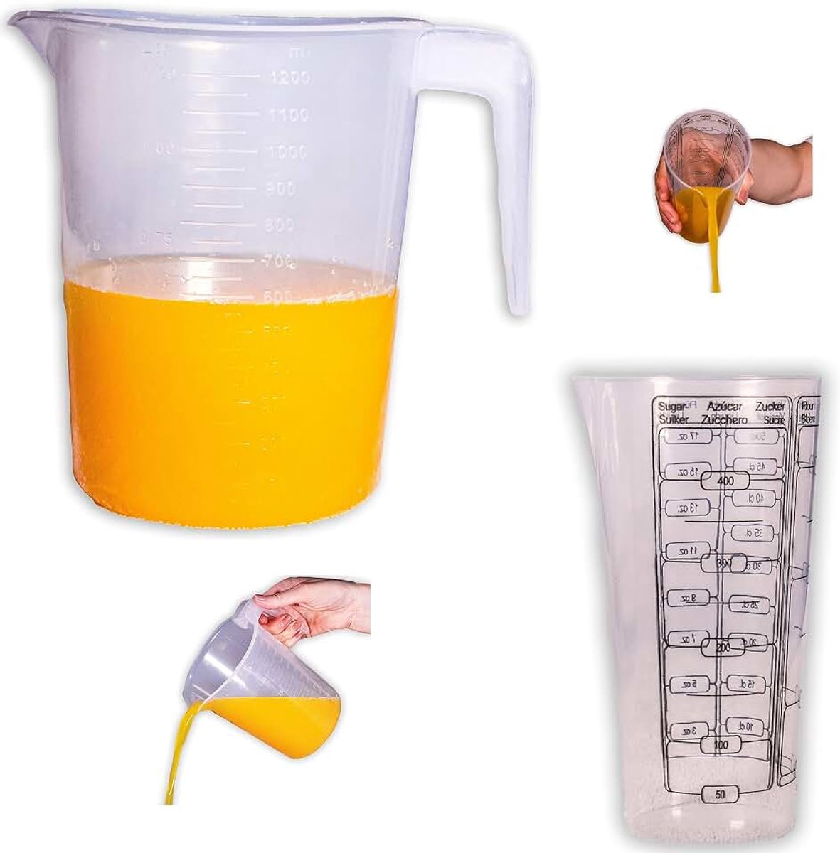 Maatbeker van kunststof, 1200 ml + maatbeker, 500 ml, voor keuken en vloeistoffen, magnetronbestendig, mixer