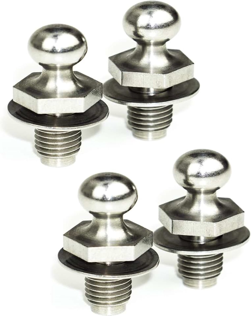 Kogelbouten voor gasstutten, kofferdeksel, achterklep of motorkap. 10 mm bal, 10 mm lange draad, M8-schroefdraad met ring. (roestvrij staal)