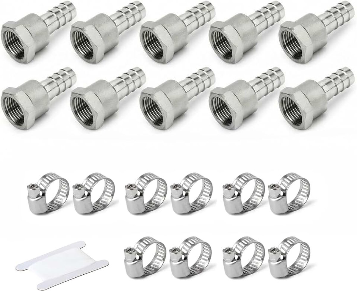 10 Stuks Slangtule-Koppelingen, 12 mm Tule Naar 1/4" BSP-Binnendraad, 304 Roestvrijstalen Knelkoppeling Voor Water, Lucht En Industri毛le Leidingverbindingen