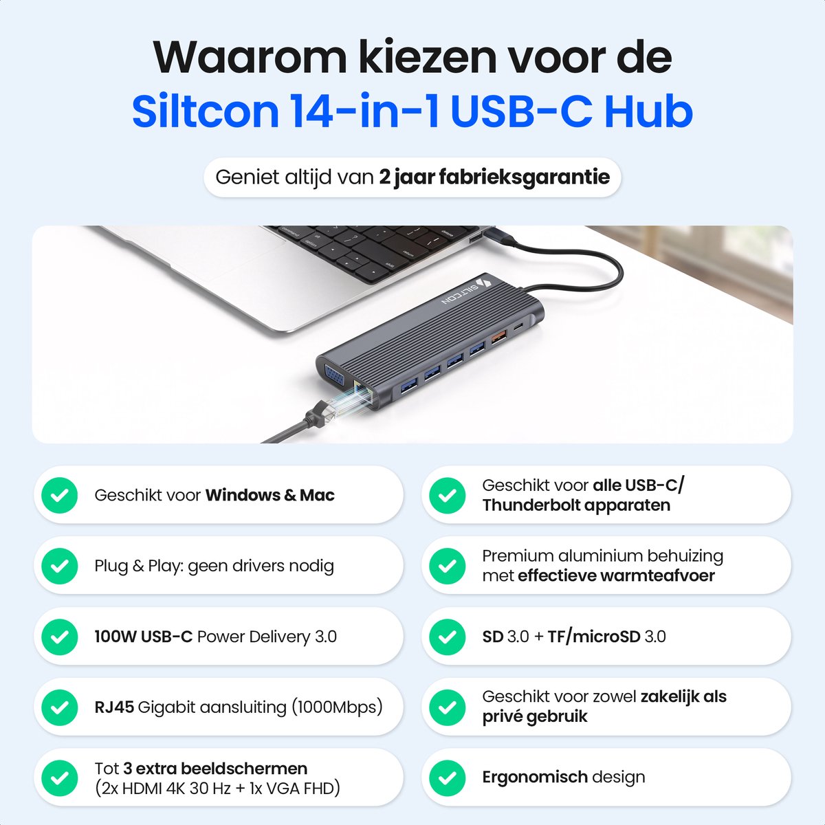 Siltcon® 14 in 1 USB C Hub - Docking Station Laptop - 3 Schermen - 2x HDMI 4K - 1x VGA - RJ45 Gigabit - USB C 3.1 / USB A 3.1 - 100W PD - Thunderbolt - Plug & Play - Universeel Voor Laptops – SD & TF Lezer - Spacegrey thumbnail 2