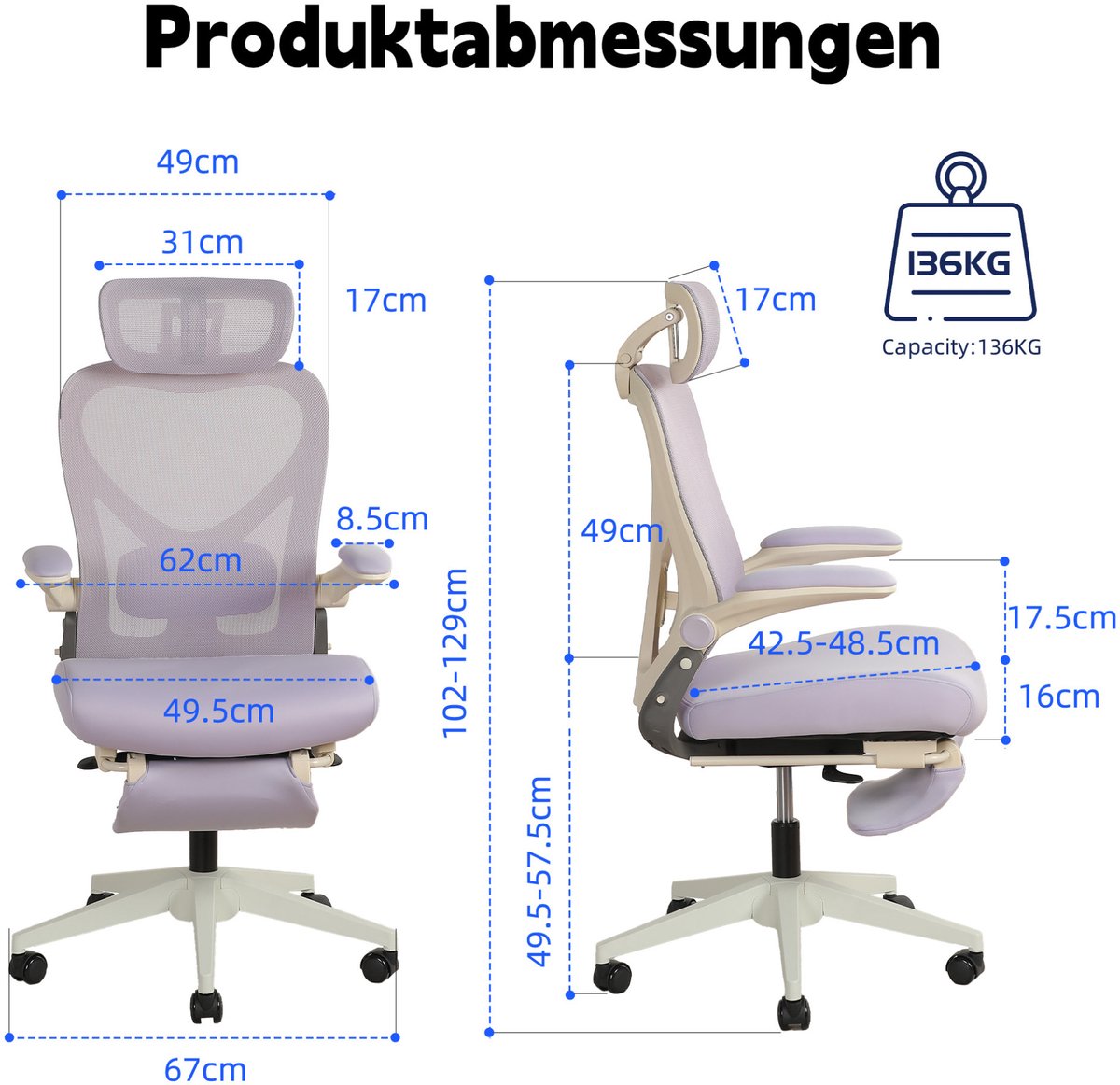 DESMIU Bureaustoel - Ergonomisch Opklapbaar - 3D Hoofdsteun En Verstelbare Lendensteun - Voor Werk, Studie En Gamen - Schuim En Netstof Paars