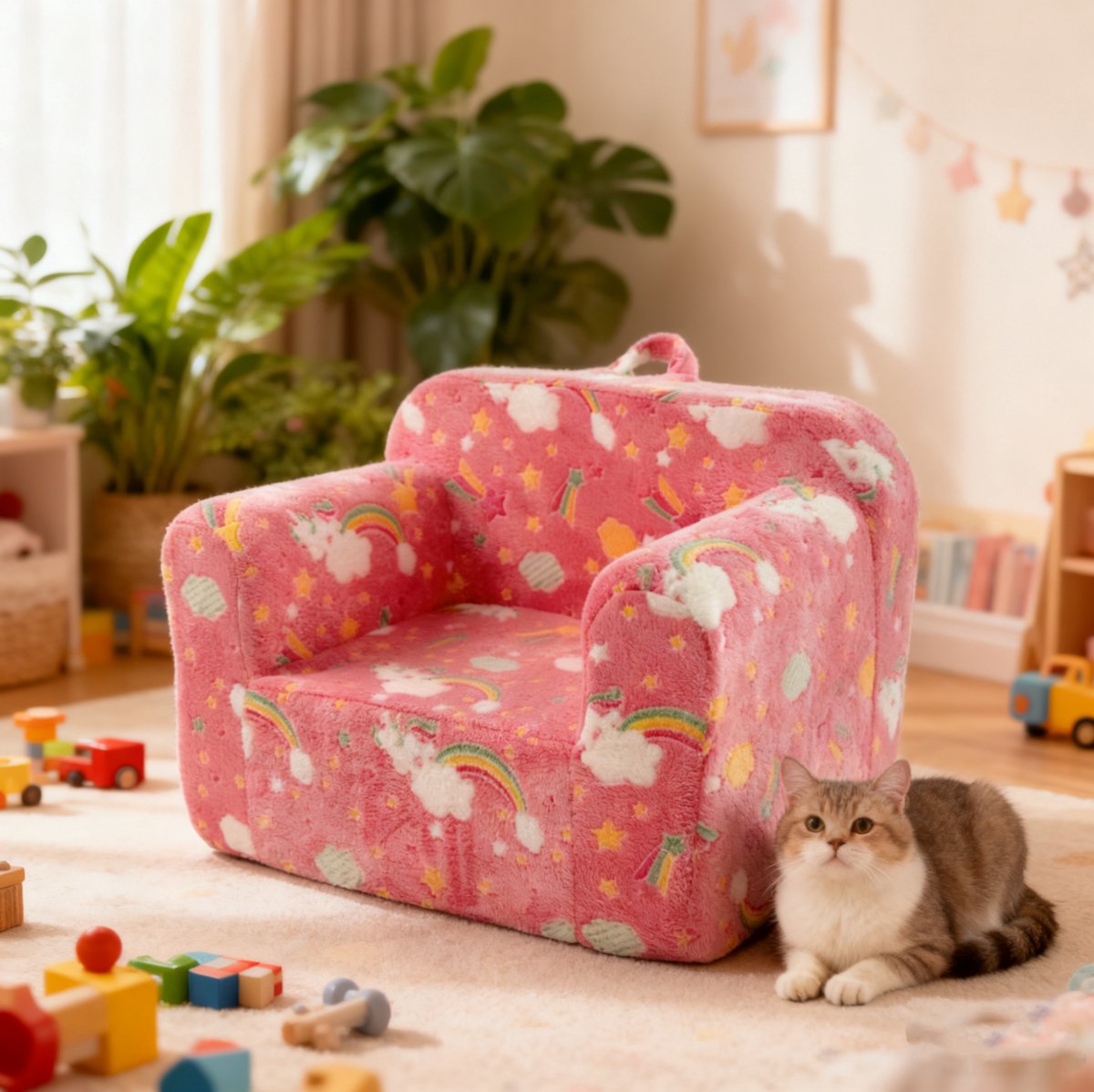 DESMIU Kinderfauteuil 64 Cm - Zacht Schuim Met Armleuningen En Afneembare Hoes - Kinderkamer En Speelkamer - Stof Roze
