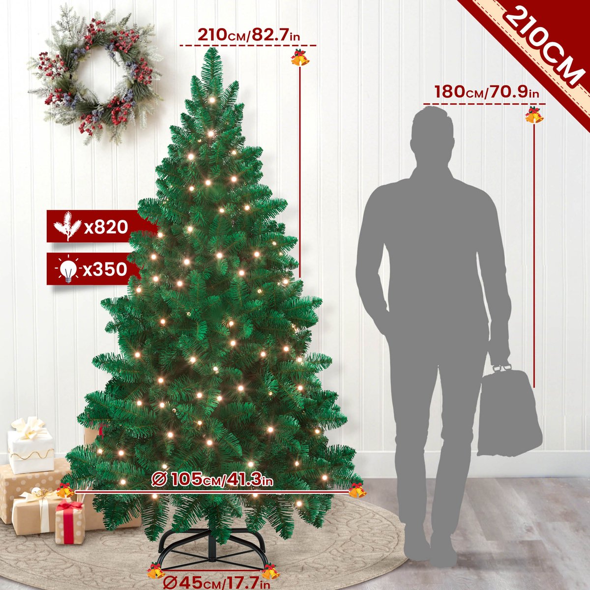 LED Kerstboom 210cm Met Warmwitte Lampjes 8 Lichtmodi Automatisch Opvouwbaar IP44 Binnen Kerstdecoratie Met Standaard – foto 3