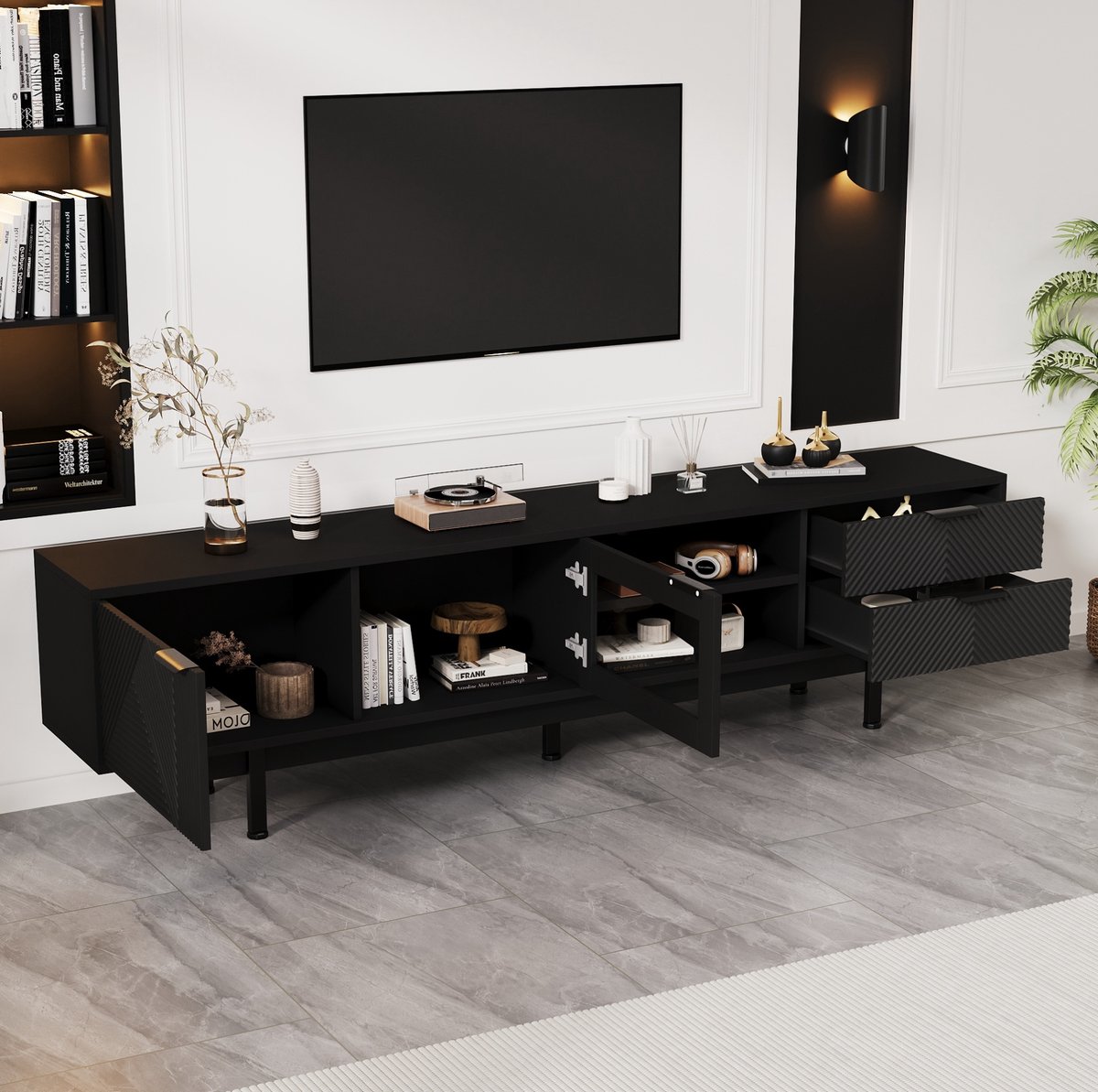 MEUNIQ TV-meubel 200 x 40 x 50,5 cm met 2 deuren, 2 lades, gehard glazen deur en halfopen vakken voor woonkamer, zwart