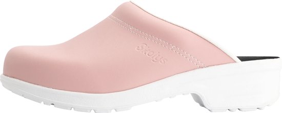 Roze Skolys klomp met witte zool, profiel en stiksels.