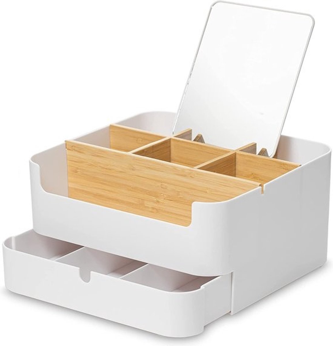 Cosmetische organizer met spiegel voor kaptafel, badkamer en slaapkamer, make-up organizer, hoge kwaliteit, kaptafel organizer, bamboe met lade en perfecte indeling