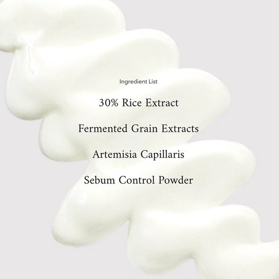 Crème blanche avec la liste des ingrédients : 30% Rice Extract, Fermented Grain Extracts, Artemisia Capillaris, Sebum Control Powder.