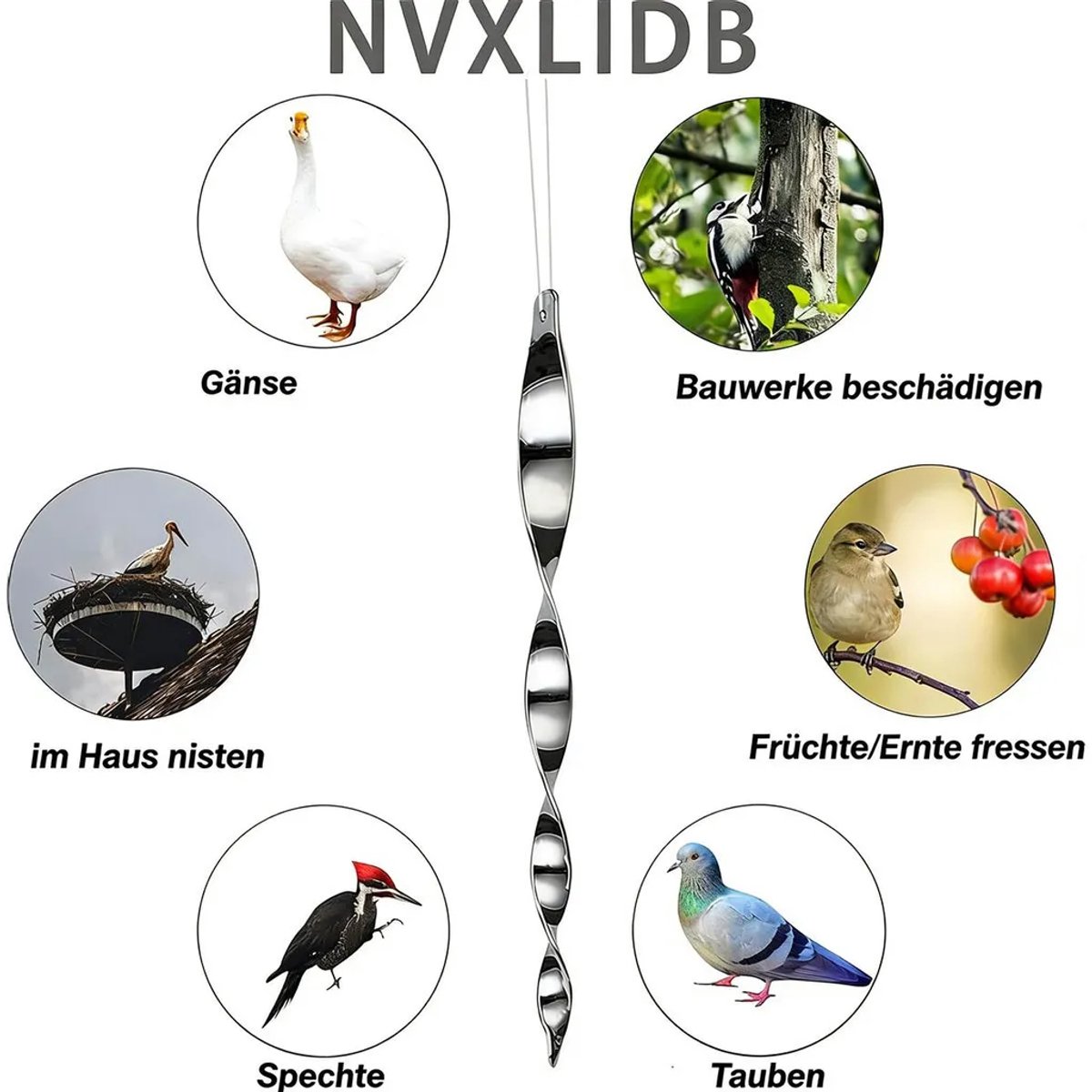 Set van 12 reflecterende spiraalvormige vogelverjagers, 360 graden draaibaar, weerbestendig, Geschikt voor decoratie op balkon en in de tuin ter bescherming tegen vogels, zilverkleurig.