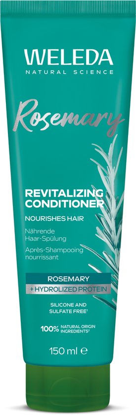 Weleda Rosemary Revitalizing Conditioner tube, turquoise met roze tekst en afbeelding van rozemarijn.