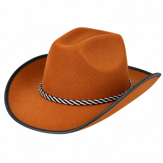Bruin vilten cowboyhoed met zwarte rand en zwart-wit touw.