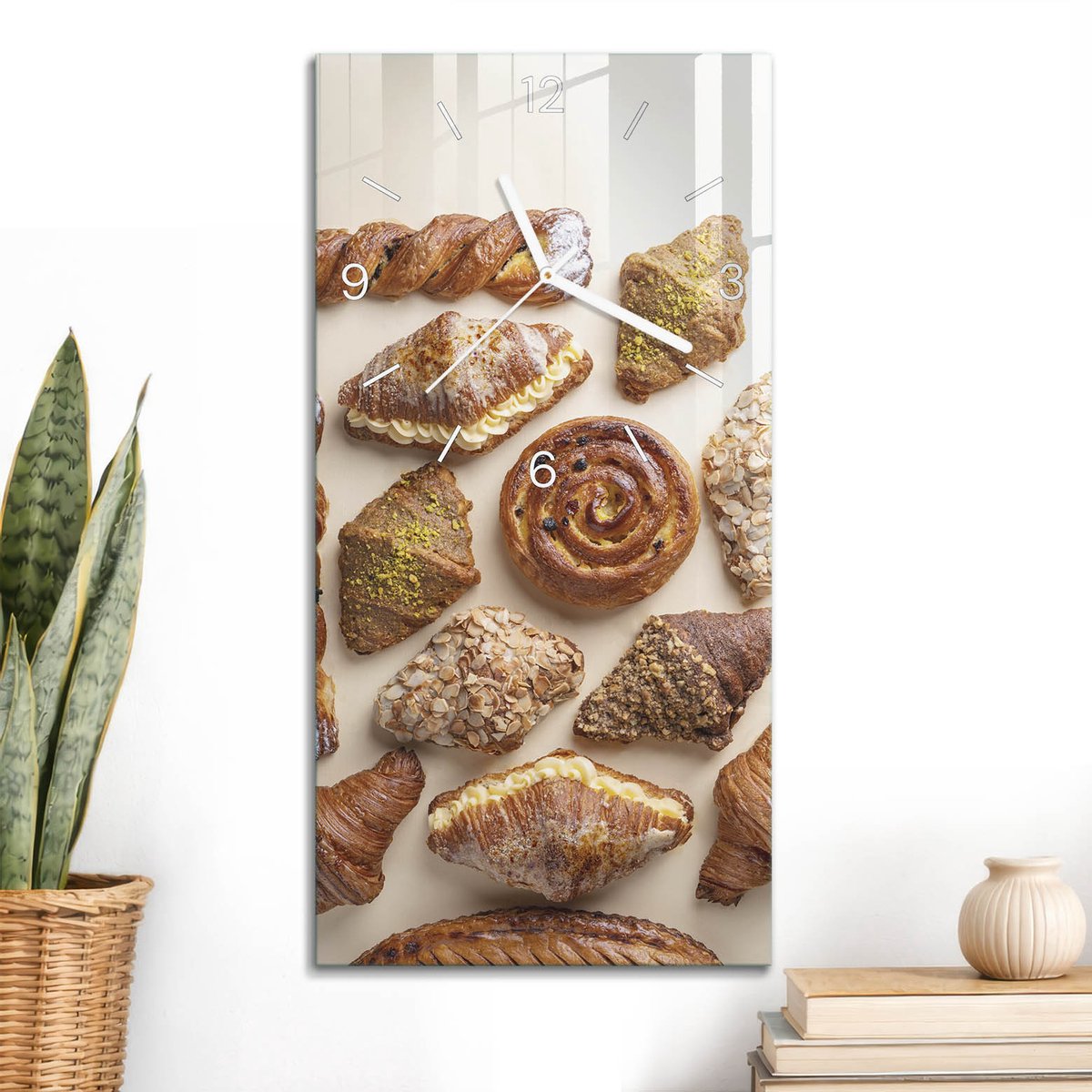 ArtPrintCave Bruin Glazen Klok - 30x60 cm - Rechthoekige Wandklok - Gebakken Lekkernijen Wandklok Keuken - Texturen Unieke Klok - Witte Klokwijzers