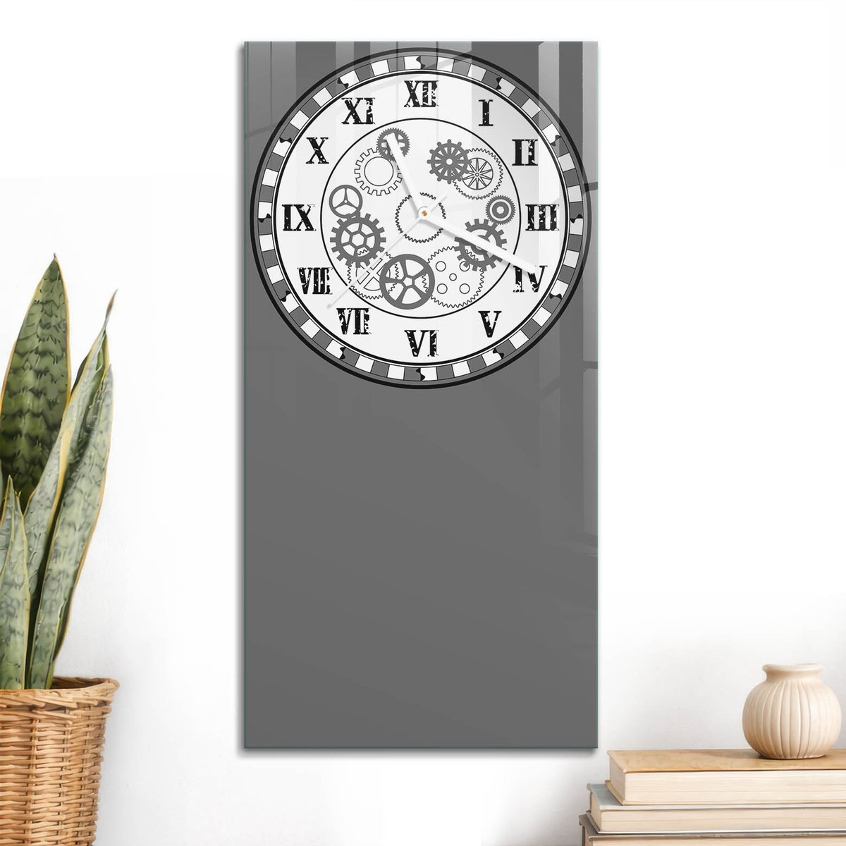 ArtPrintCave Zwart Glazen Klok - 30x60 cm - Rechthoekige Wandklok - Tandwielen Wandklok Keuken - Abstractie Unieke Klok - Witte Klokwijzers
