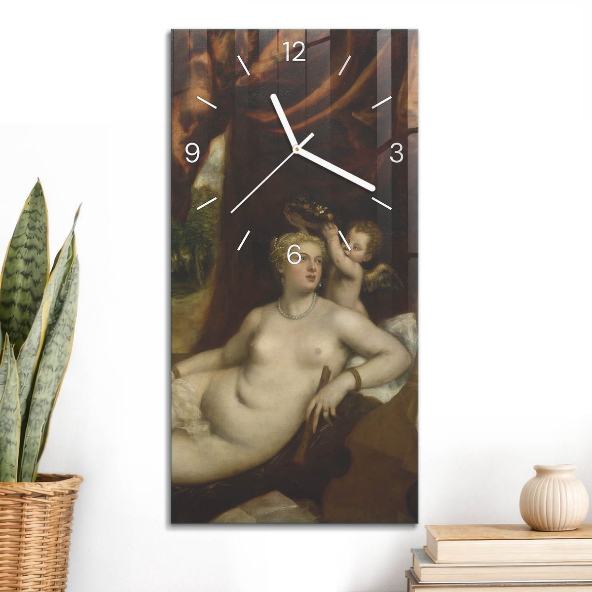 ArtPrintCave Bruin Glazen Klok - 30x60 cm - Rechthoekige Wandklok - Renaissance Scène Stille Wandklok - Mensen Wandklok Keuken - Witte Klokwijzers