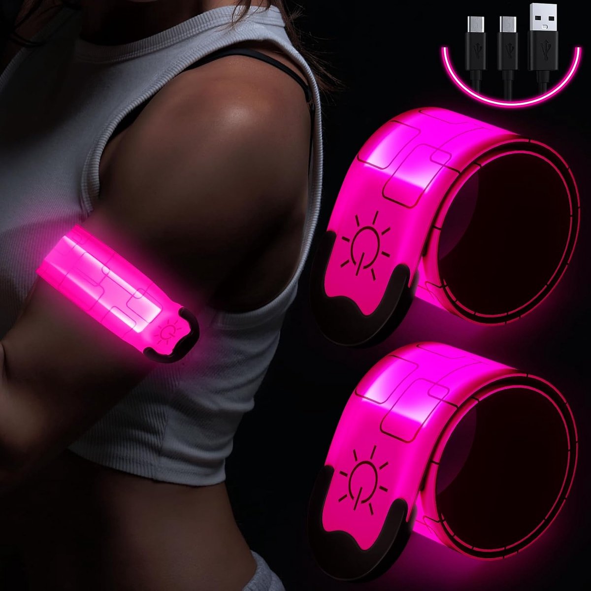 Oplaadbare led-armband, 2 stuks, reflecterende lichtgevende armbanden, lichtarmband, kinderen, USB-reflectorband, reflecterende band, veiligheidslicht voor joggen en hardlopen（Roze）