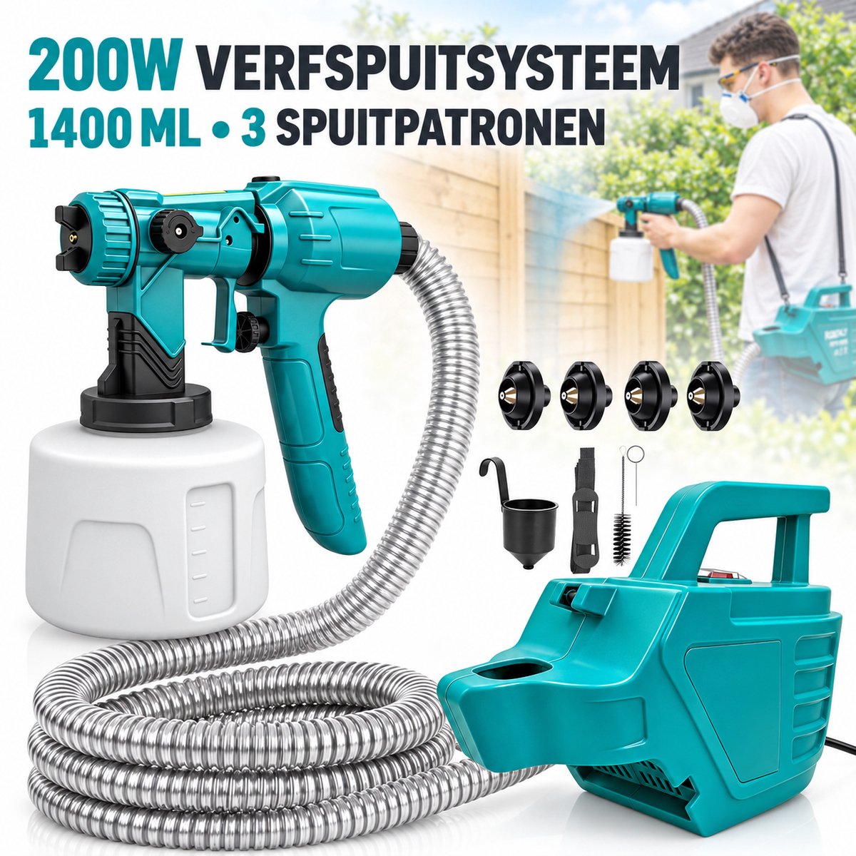 RONTALY Elektrische Verfspuit 200W – Verfspuitmachine met 1400 ml Reservoir, 3 Spuitpatronen en Instelbare Verfstroom – Voor Muren, Meubels en Schuttingen