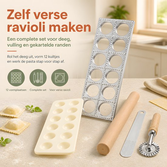 Ravioli maker set 4-delig - Aluminium raviolivorm met 12 vakken - Met deegroller, vulspatel en gekarteld snijwiel - Voor verse vierkante pasta van AIMASON — afbeelding 4