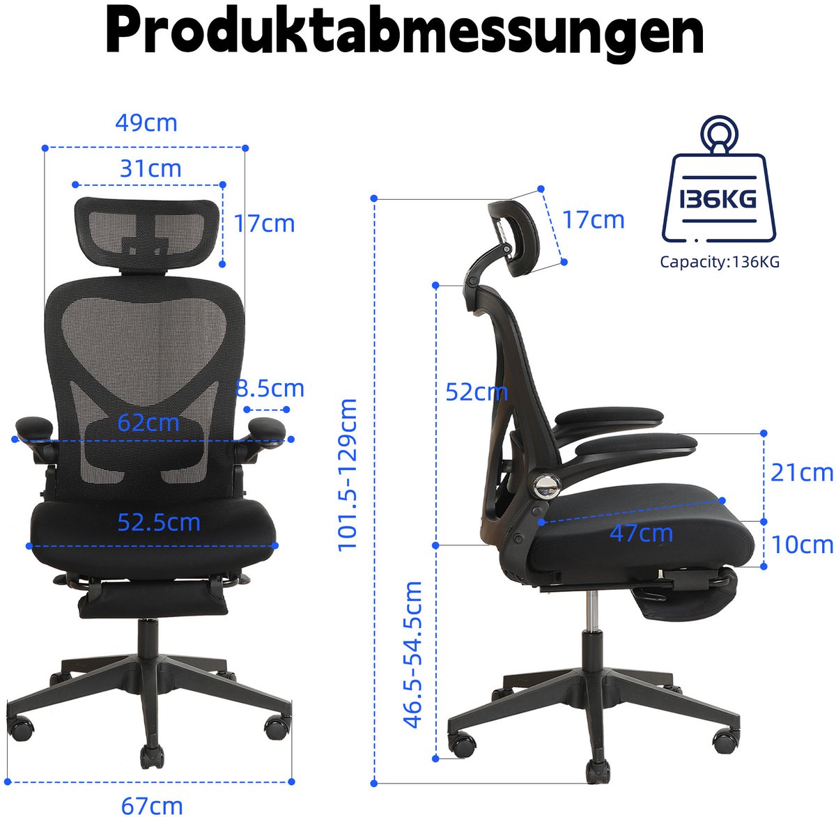 FloraGrace Ergonomische Bureaustoel 67 Cm - Opklapbaar Met 3D Hoofdsteun En Lendensteun - Voor Werk En Studie - Netstof - Zwart