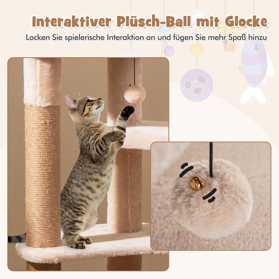 Kattenspeeltjes aan touwtjes, een pluizige bal met belletje en een kat die ermee speelt.