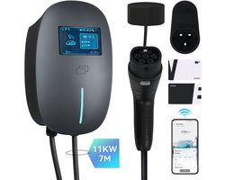 Puluomis - Wallbox EV Charger 11 kW - Smartcharge laadpaal met app - 7 meter kabel - Type 2 - 3-fase - 6–16A instelbaar - Grijs