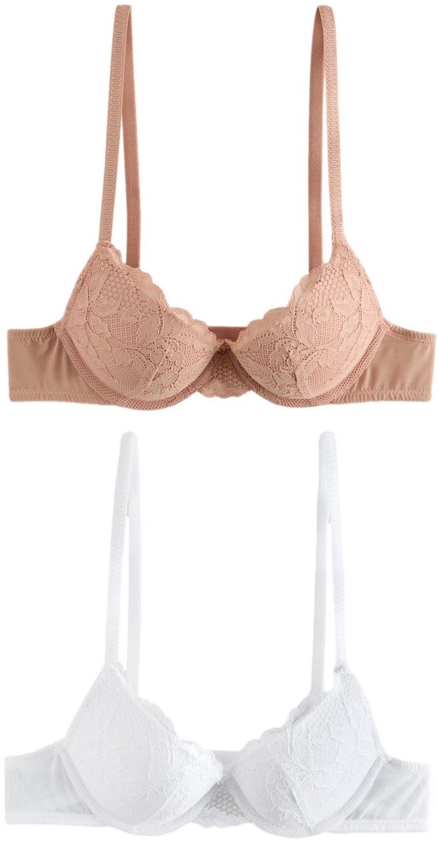 Next Dames - Set van 2 push-up beha's met lage decolleté en kant - Huidkleur Praline Nude/White