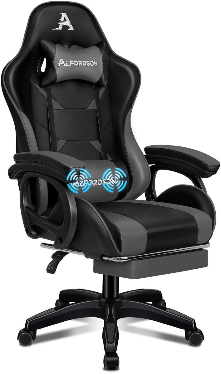 ALFORDSON Gaming Stoel, Gaming Fauteuil met Masserende Lendensteun, Ergonomische Gamer Stoel met Hoofdsteun, Hoogteverstelbaar, PU-Leder, Zwart