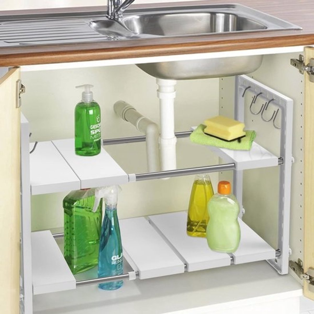 Uitbreidbare organizer voor onder de gootsteen - 2-laags verstelbare plankorganizer - 10 verwijderbare panelen - roestvrijstalen buizen met haken - multifunctioneel opbergrek Gootsteenkast Organizer