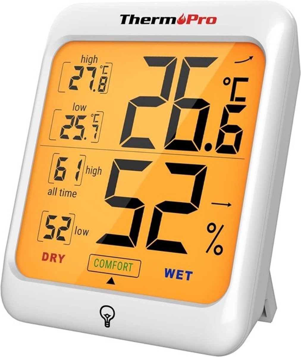 Digitale thermo-hygrometer met achtergrondverlichting voor kamertemperatuur en luchtvochtigheid