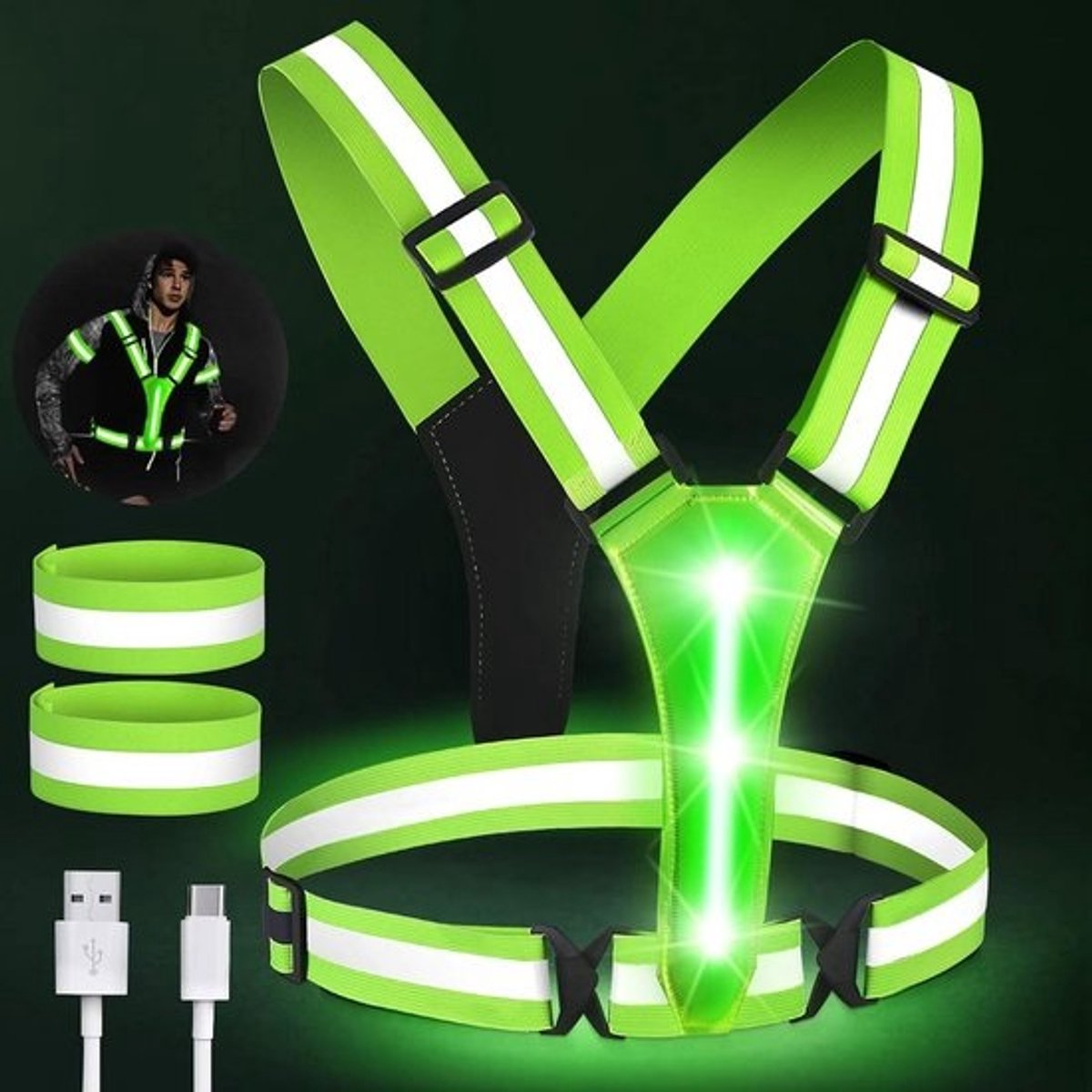 Veiligheidsvest kinderen - reflecterend fietsvest dames heren - verstelbaar loopvest wandelen joggen - 2 reflectorbanden lichtvest 's nachts .