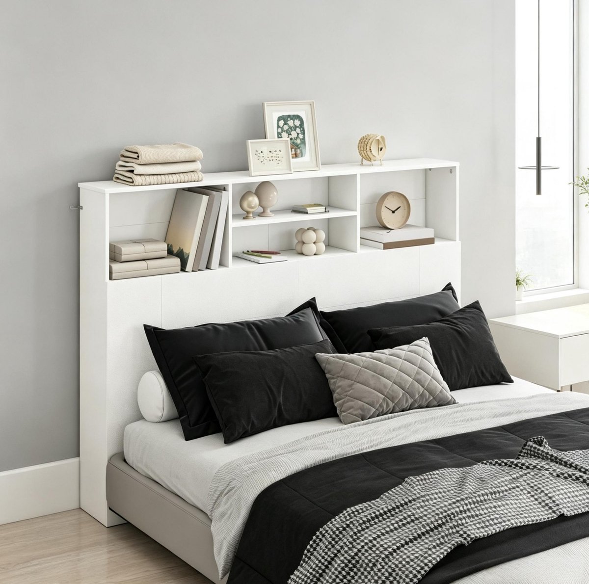 OKWISH Hoofdbord Opbergruimte 140 cm 4 Open Vakken MDF en Spaanplaat Wit voor Slaapkamerbedden met Wandbevestiging en Eenvoudige Montage