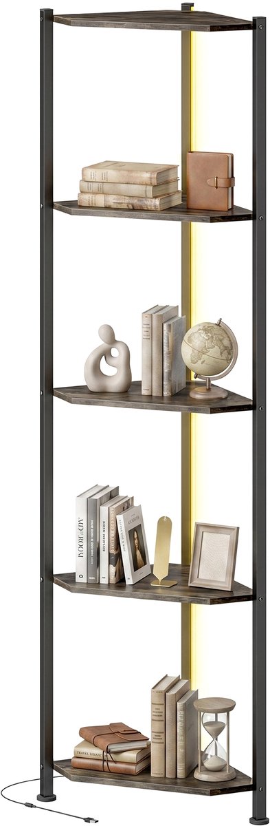 TEKROA®Boekenkasten - 5-laags hoekboekenkast - met ledverlichting voor woonkamer, slaapkamer, kantoor - 32x32x147 cm - rustiek bruin