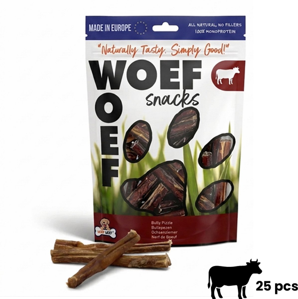 Woef Woef Snacks Hondensnacks Bullepezen 25 stuks - Kauwsnacks Gedroogd vlees Rund Alle honden vanaf 8kg Geen toevoegingen