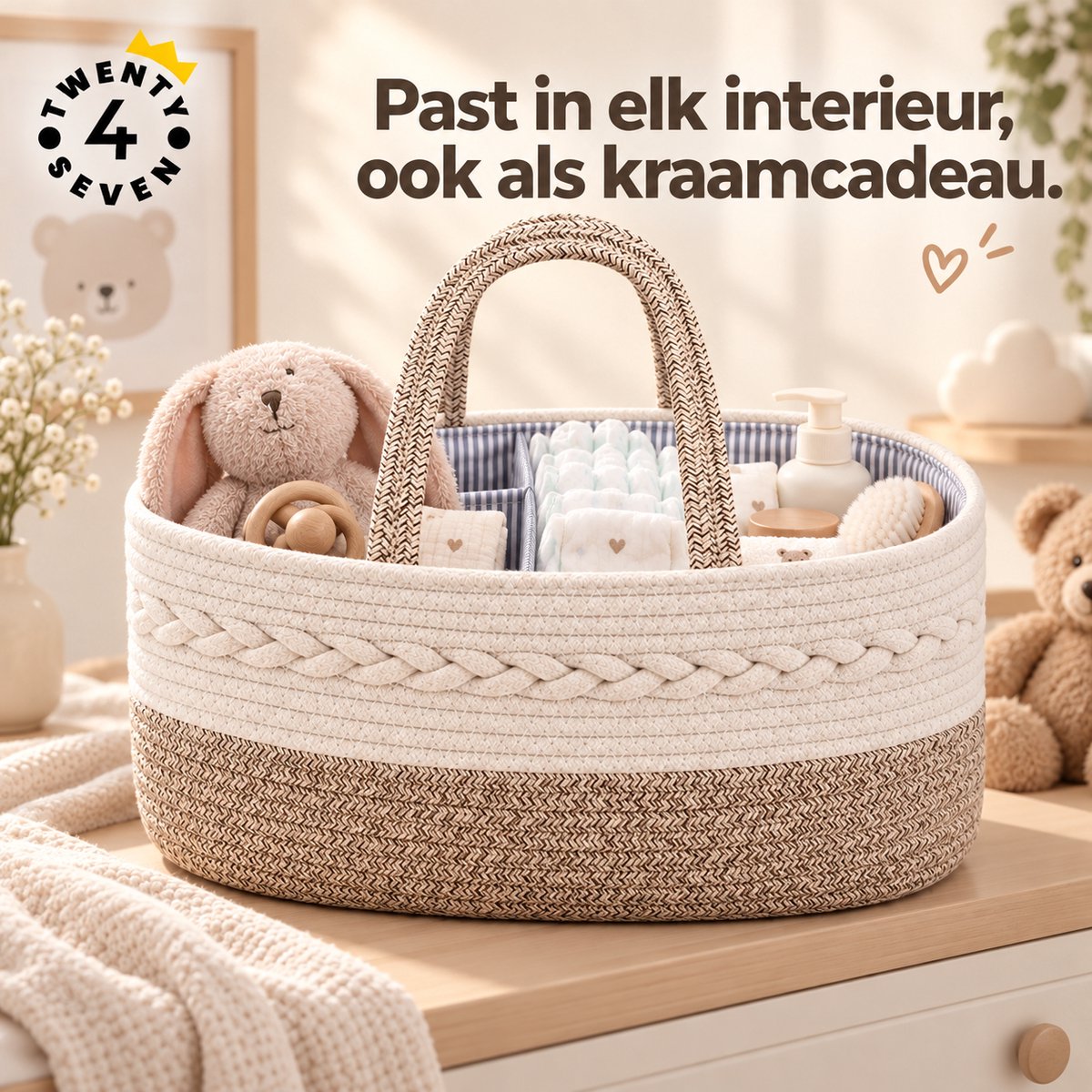 Twenty4seven® Luiermand Baby met 3 Vakken - Luiertas Organizer & Commodemand - Kraammand Gevlochten Katoen - Opbergmand Babykamer - Kraamcadeau Jongen & Meisje – foto 6