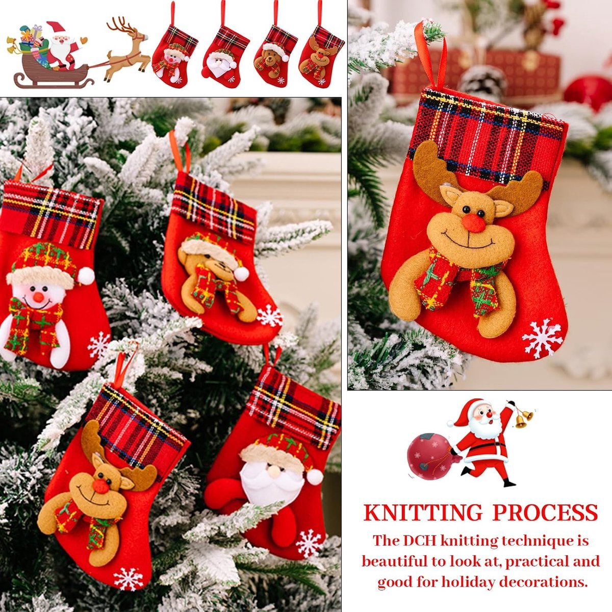 8 stuks, 16 x 12 cm, kerstkous, decoratieset, kerstsokken van jute, kerstkous voor open haard, kerstman, rendier, kerstman, beer, sneeuwpop