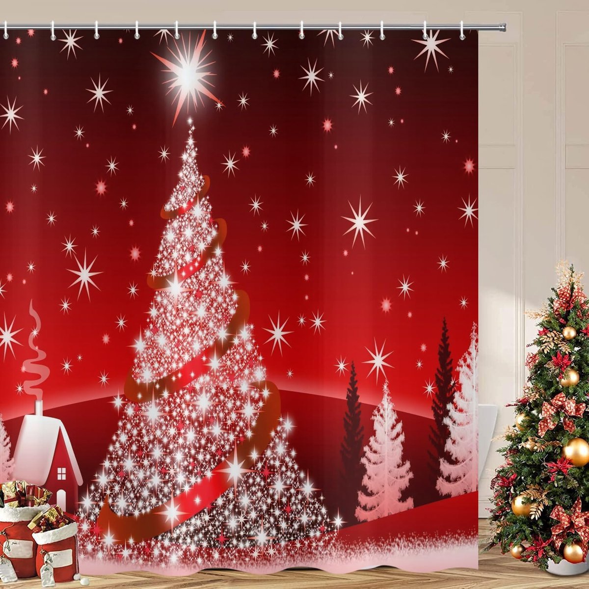 Douchegordijn, 180 x 200 cm, glitter sneeuwvlok, kerstboom, rood, kerstdecoratie, wasbaar, baddouchegordijnen, polyester textiel, waterdicht, douchegordijn voor bad met 12 haken