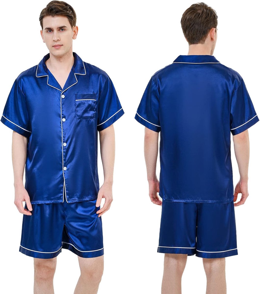 Pyjama set zijdeachtig satijn korte mouwen klassieke nachtkleding button-down loungewear met korte broek | blauw -XL, blauw, L