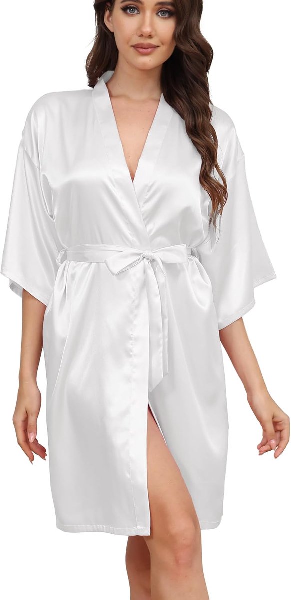 Kimono Sexy Dames,Ochtendjas Kimono-Gewaad Schuine V-Hals Korte Stijl Zomer Badjas Dames met Riem Nachtjas voor Bruiloft/Spa/Hotel