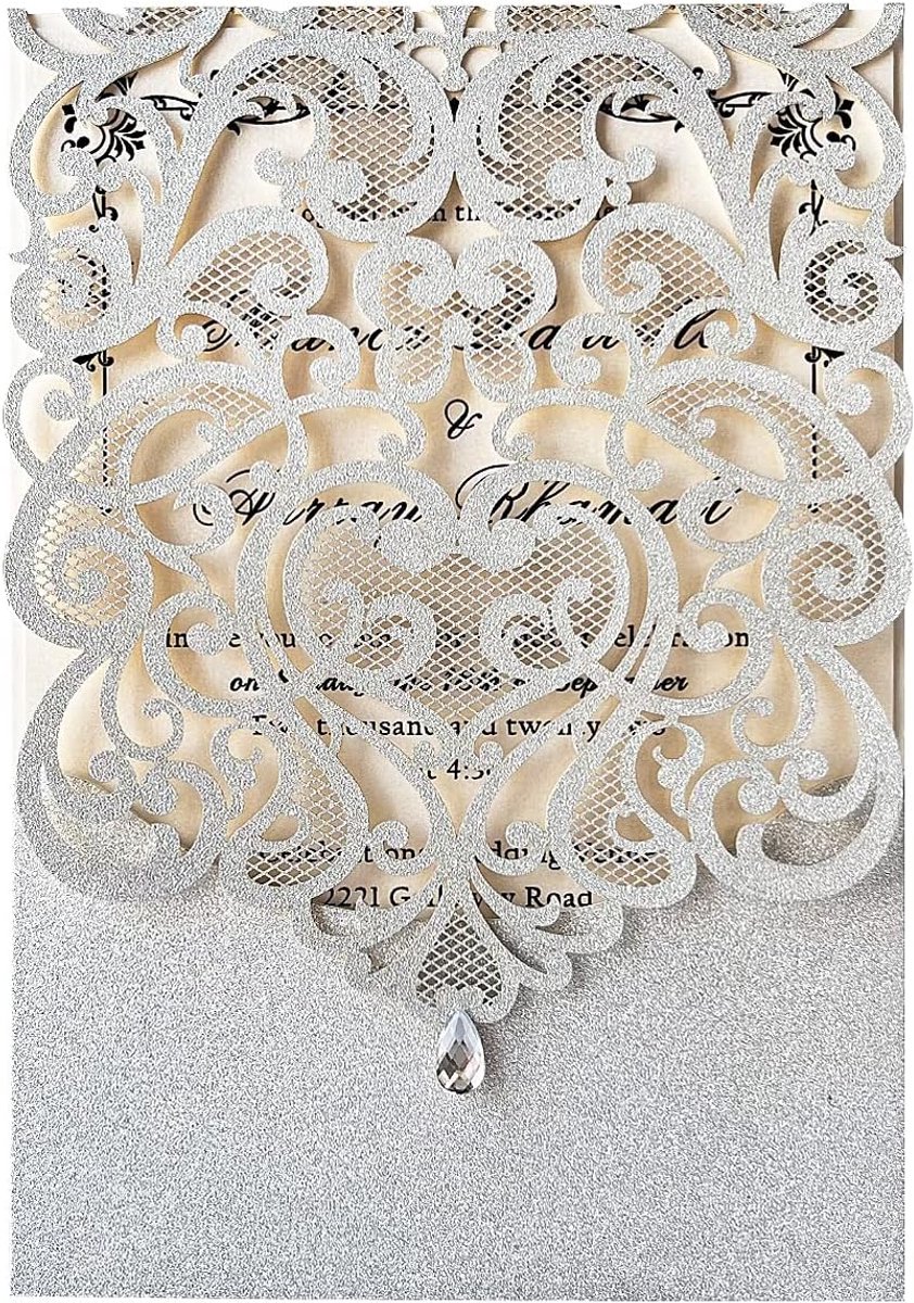 20 x zilveren glitter bruiloft uitnodigingskaarten lasercut roos kant waterdiamant bruiloftsuitnodigingen kaarten voor bruidsfeest, verloving, verjaardag, afstuderen uitnodiging (20 stuks)