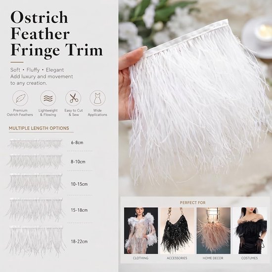 1 m natuurlijke struisvogelveren, rand pluche veerband om te knutselen, veren, franjes, met satijnen lint voor doe-het-zelf naaien, hoed, kleding, kostuumdecoratie, zwart, 8-10 cm — afbeelding 2