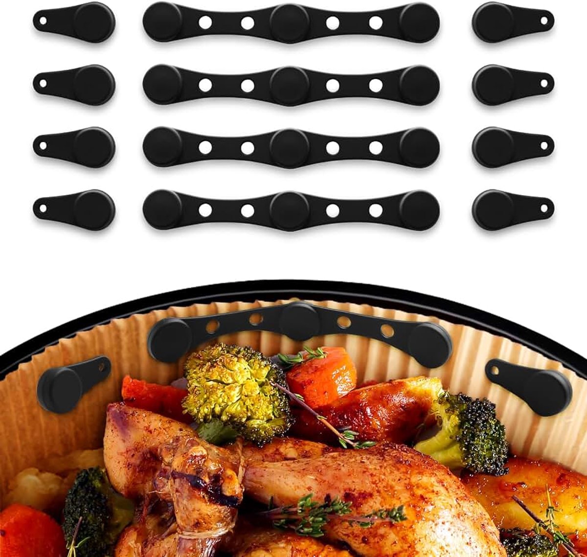 Siliconen gespen, hittebestendige accessoires, bevestigingsgespen voor bakpapier in heteluchtfriteuse, compatibel met Ninja, Cosori, Philips, 12 stuks, zwart