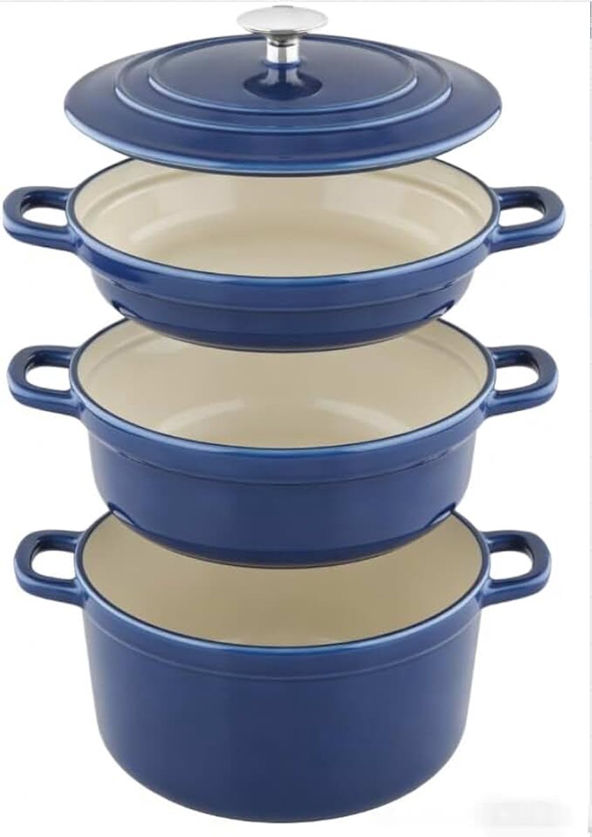 3-in-1 gietijzeren pan, 25 cm stoofpan, braadpan met deksel, blauw