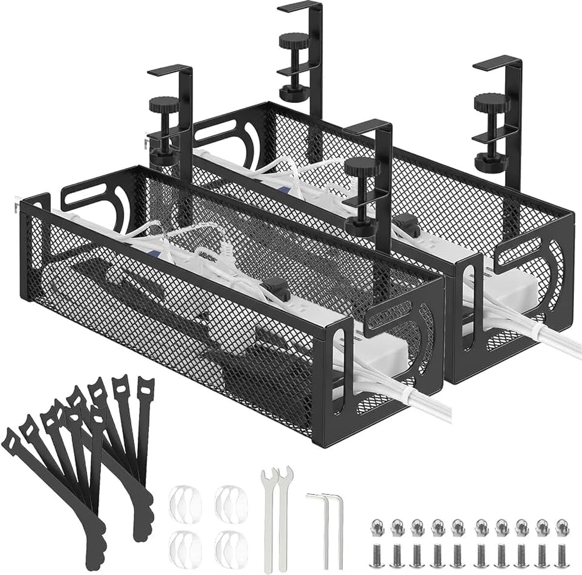 Bureau, Geen Boor, Metalen Gaas Klem-On-Kabelgoot Voor Draadorganisator, Bureauaccessoires Kabelnetjes, Kabelbeheer Voor Thuiskantoorinstallatie (ZWART, 2 PACK)