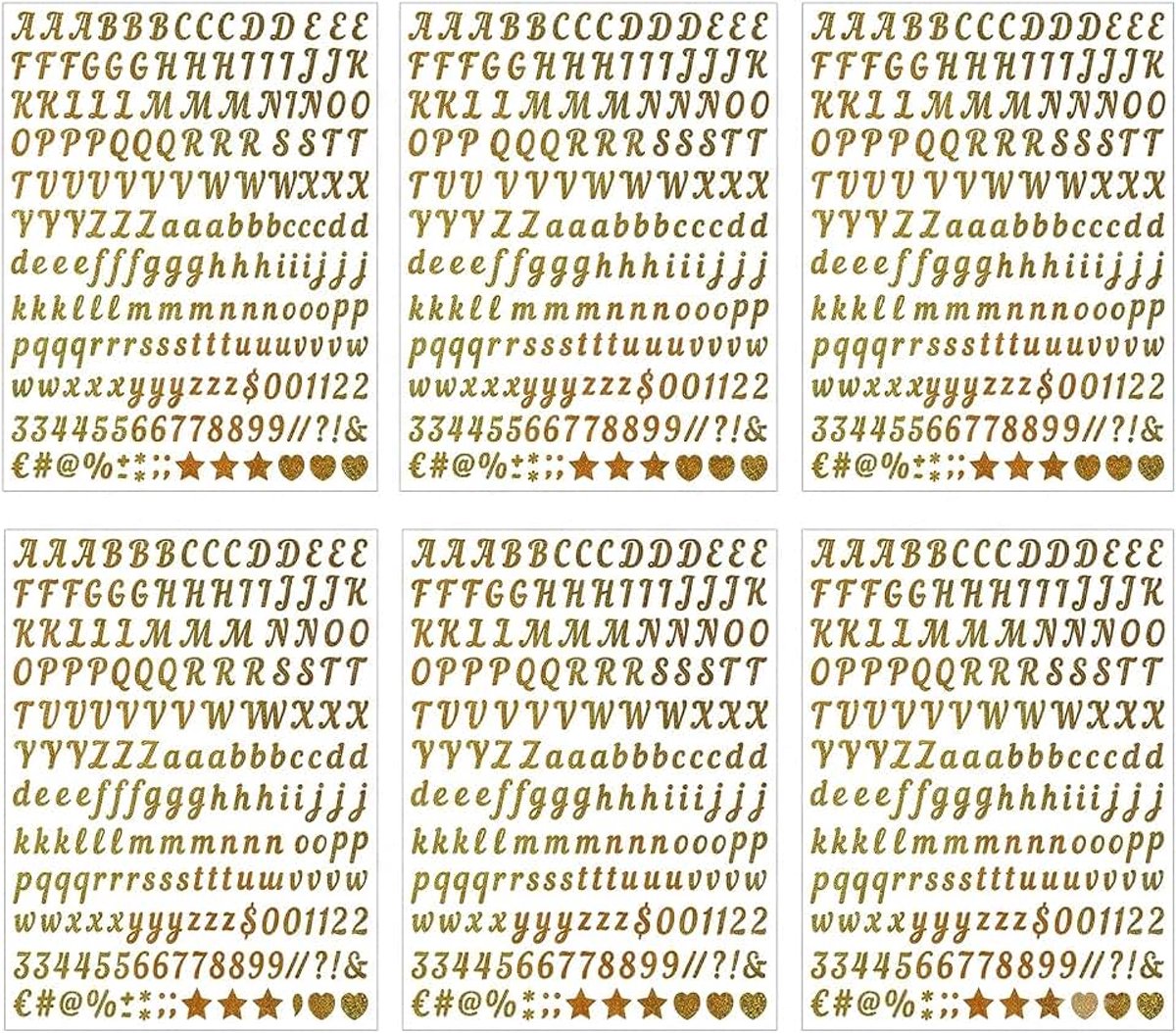 6 vellen letterstickers, goudkleurig, glanzend, van vinyl, letterstickers, cijfers, pailletten, voor scrapbooking, handwerk, wenskaarten, goud