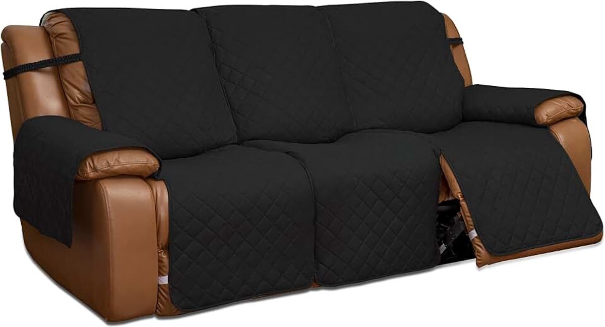 Bankhoes, omkeerbare bankhoes voor 3-zits fauteuil, split bankhoes voor elke stoel, meubelbeschermer met elastische bandjes voor kinderen, honden, huisdieren (3-zits, zwart/beige)