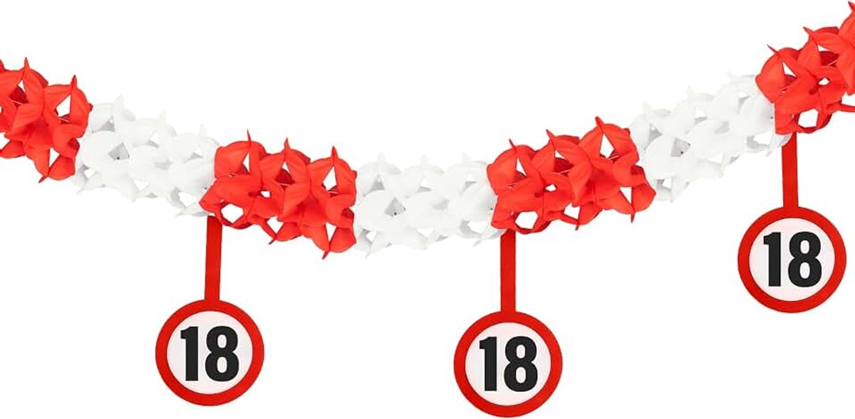 18e verjaardag - rood-witte slinger met verkeersborden | 400 cm lange, geplooide slinger van papier en karton met 12 bordjes in verkeersbord-look om op te hangen