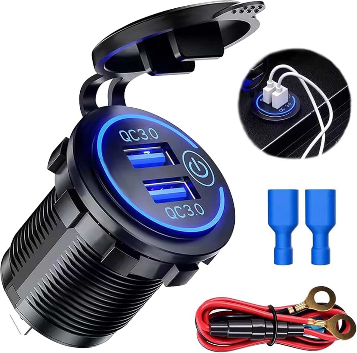 Dual USB autostopcontact met touch-schakelaar, 12 V/24 V, 36 W, 2 poorten, Quick Charge 3.0 oplader, USB, waterdicht, led-display met schakelaar, sigarettenaansteker, stopcontact, motorfiets,