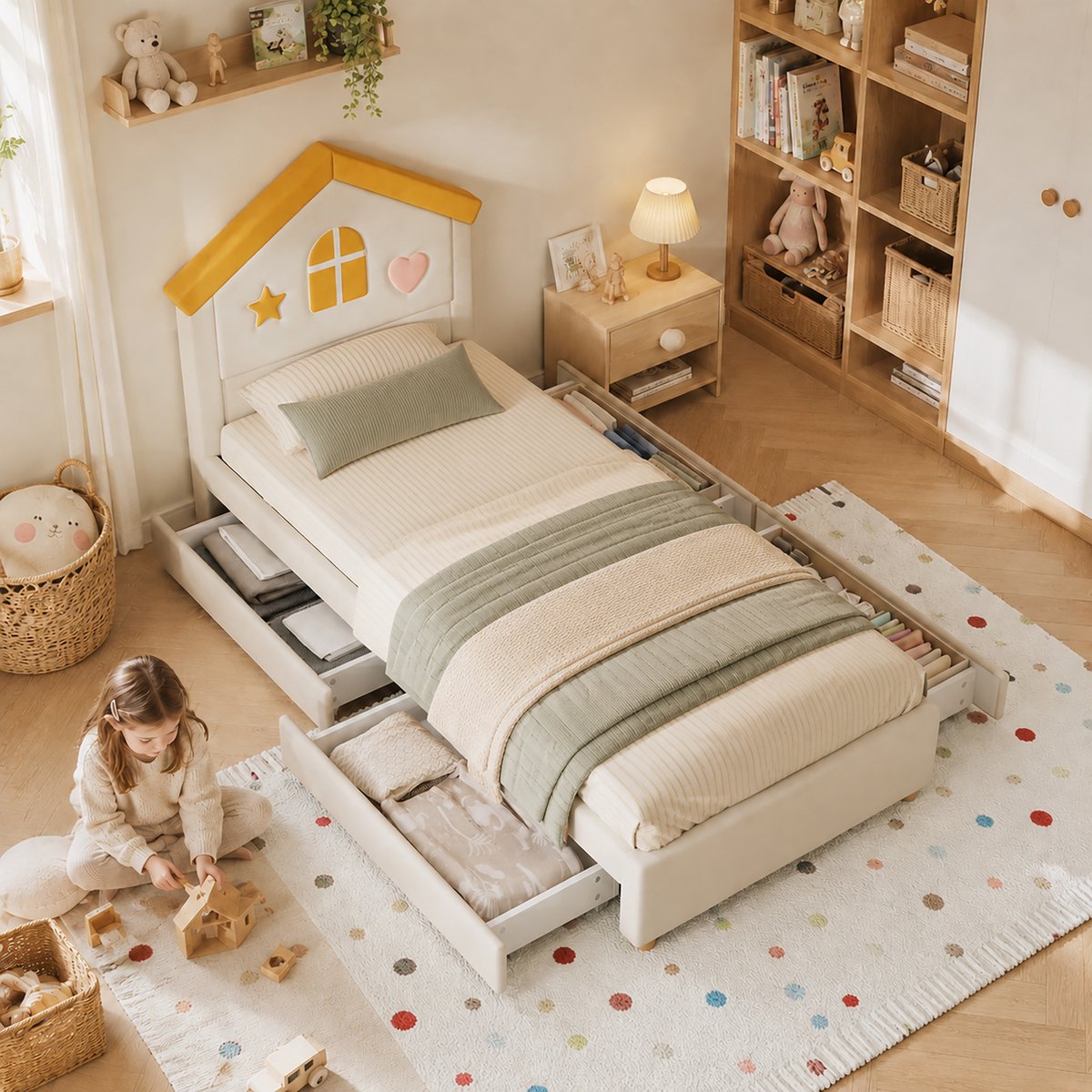 Zubaliya Kinderbed 90x200 cm huisbed gestoffeerd bed in beige, kinderbed met 4 lades, opbergbed voor kinderkamer, tienerbed met Frans fluweel, gestoffeerd bed met huis-hoofdeinde
