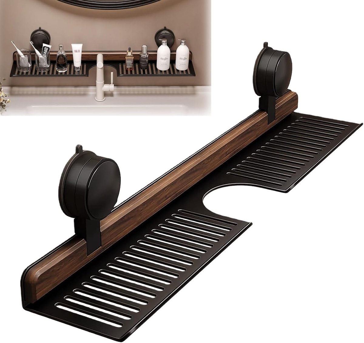 40 cm wastafelrek boven kraan met zuignap, hangend doucheplank, walnoot rek voor badkamer, badkamerrek zonder boren, kraanorganizer, houten kraan opbergrek
