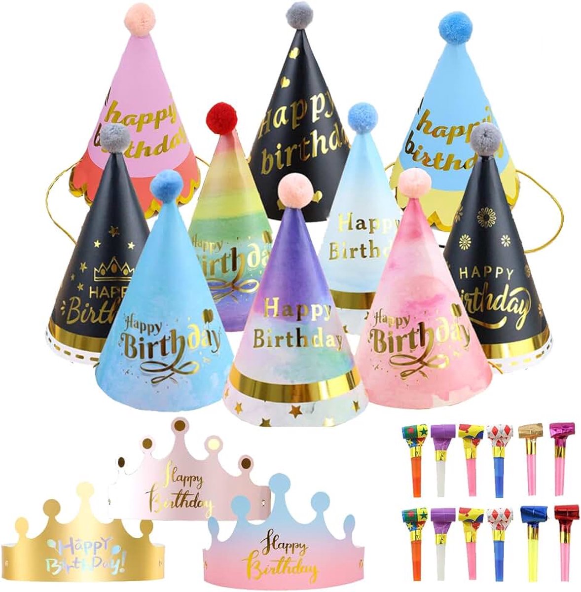 25 stuks feesthoedenset, feesthoeden, kinderverjaardag, party, kegelhoeden met pompons, papieren kroon, hoed, party, kegelhoeden, kinderverjaardag, voor familiefeesten voor kinderen en