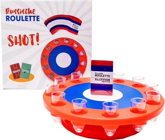 Doos en drankspel 'Russische Roulette Shot!' met oranje rek, blauwe cirkel en glazen.