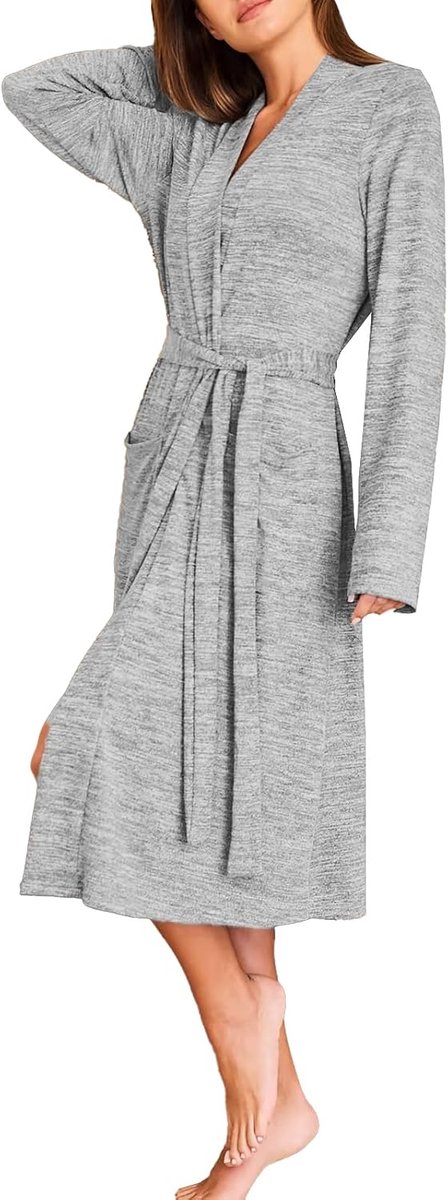 Kimono-badjas voor dames, katoen, zacht en comfortabel, V-hals, elegante nachtkleding met riem en zakken, om thuis te ontspannen